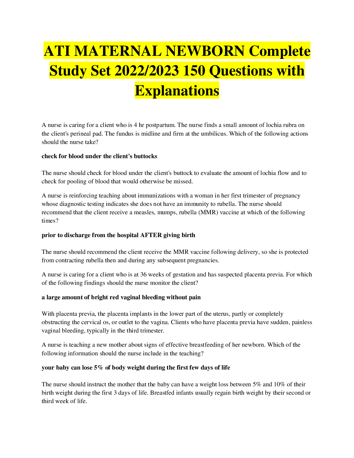 Preview of ATI MATERNAL NEWBORN Complete Study Set 2022/2023 150 Questions with Explanations